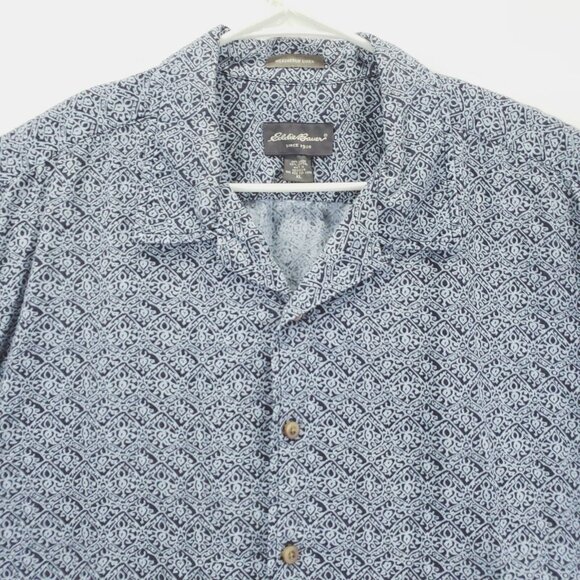 Eddie Bauer Shirt Mens XL Black Blue Geometric Linen Short Sleeve Button-Up - Picture 3 of 9